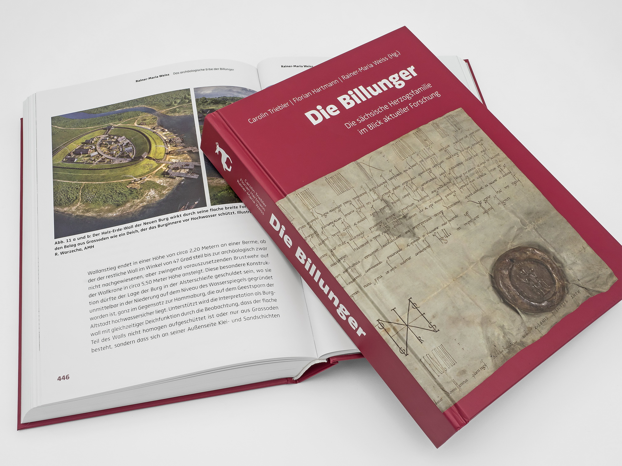 Die Titelseite des Buches "Die Billunger – Die sächsische Herzogsfamilie im Blick aktueller Forschung". Darunter liegt ein aufgeschlagener Band  auf Seite 446 mit einer Abbildung der Neuen Burg in Hamburg.