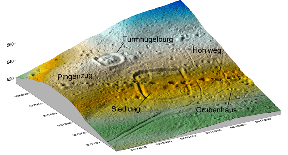 Man sieht das Höhenmodell eines Laserscans vom Hohen Forst. Die Oberfläche gleicht mit den vielen Löchern, Gruben und Pingen eher der Mondlandschaft.