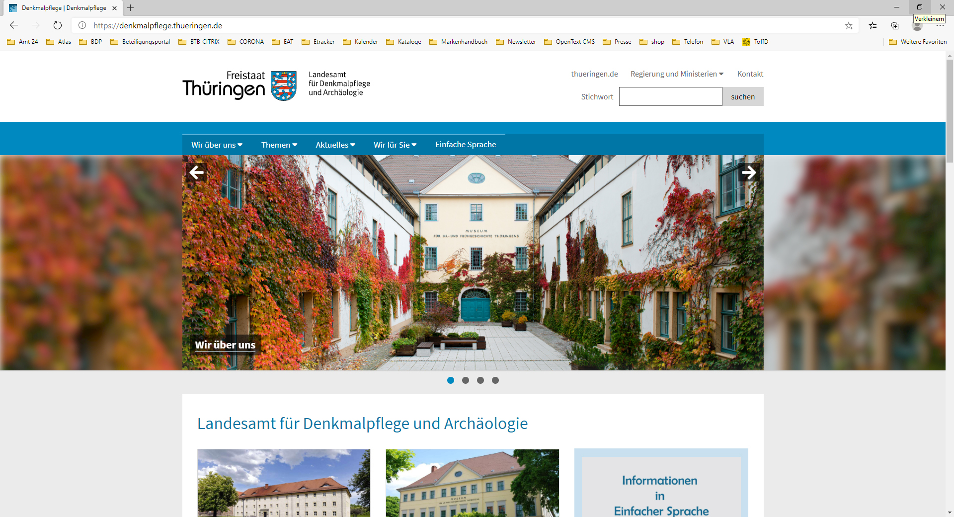 Das Bild zeigt die Startseite des Thüringer Landesamts für Denkmalpflege und Archäologie. Von hier lassen sich die verschiedenen Unterseiten ansteuern.